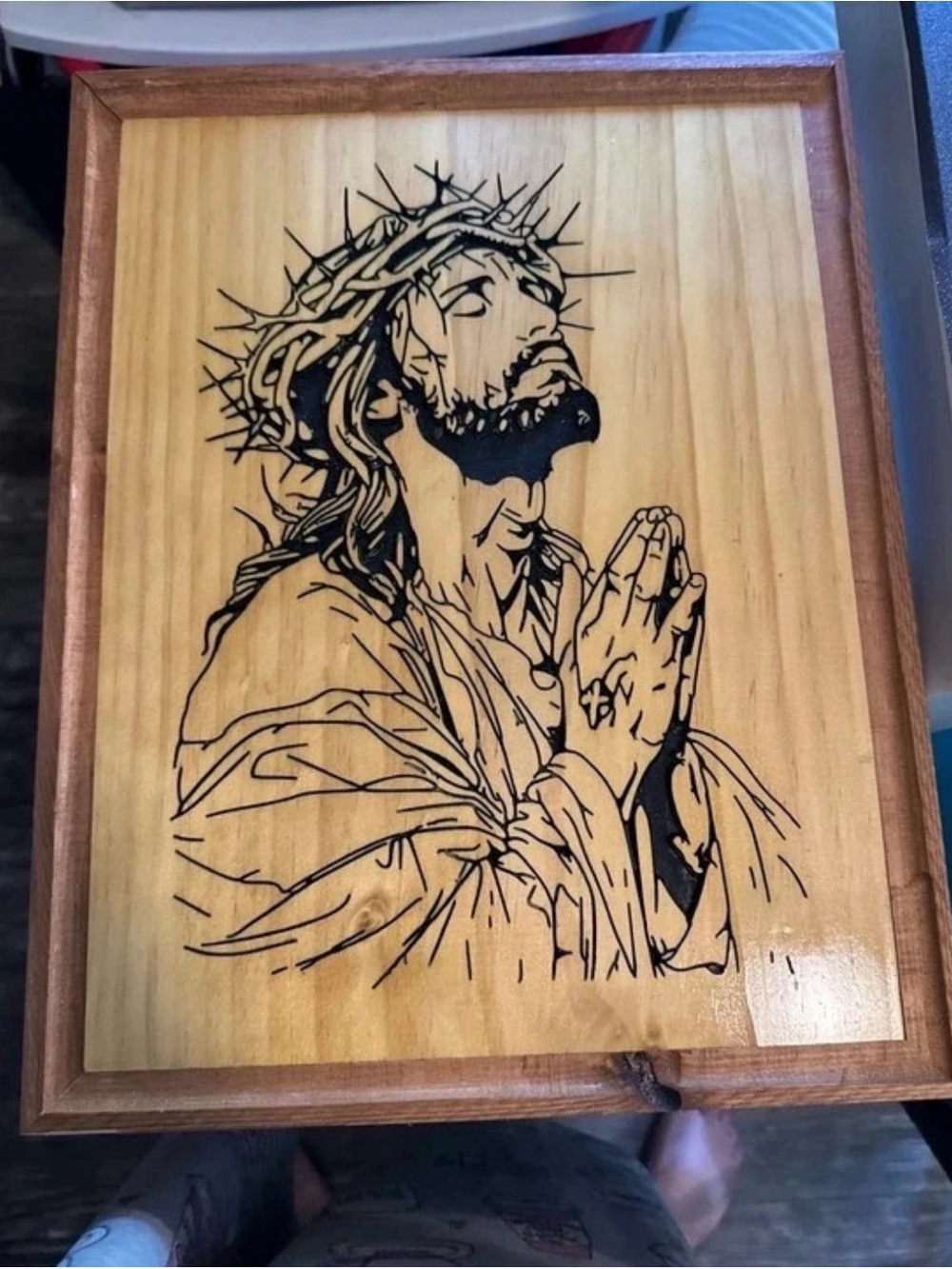 Handcrafted Wooden Religious Wall Art - Praying Jesus in Natural Wood Tone